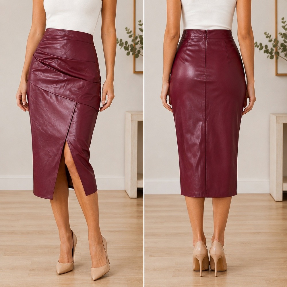 NWT Commense Faux Leather Midi Skirt Vegan‎ XS Burgundy Ruched Front Slit Pencil